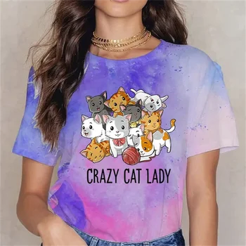 Женские футболки с принтом Crazy Cat Lady, Женская футболка с галстуком-красителем, Футболки, Одежда в стиле Каваи, Хип-хоп, Уличная одежда, Рубашка в стиле Харадзюку, Забавная футболка