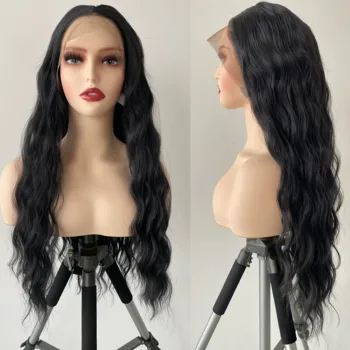 Meinmod Длинный Черный Волнистый парик со средней частью Для женщин, Парики из синтетических волос на кружеве из термостойкого волокна, Парики для ежедневного использования на вечеринках