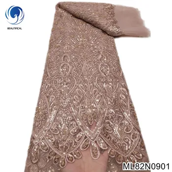2022 роскошный синий женский швейный материал, высококачественная кружевная ткань с вышивкой бисером в нигерийском стиле, 5 ярдов для вечернего платья ML82N09