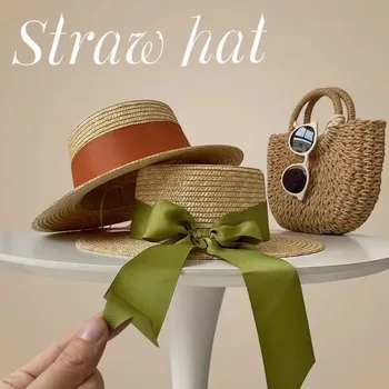 Летняя шляпа с плоским верхом из натуральной пшеничной соломы, модный бант, уменьшающий возраст, пляжная солнцезащитная шляпа, уличная солнцезащитная шляпа