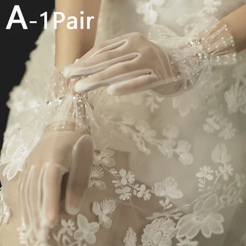 Элегантные Белые перчатки с бантом цвета Шампанского, Стрейчевые Атласные Свадебные перчатки с полными пальцами, Свадебные перчатки с цветочным Рисунком, Платье, Новые Свадебные Аксессуары