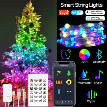 5/10/20 М Tuya WiFi/BT Smart String Lights App/Голосовое Управление Сказочный Струнный светильник RGB Для Синхронизации музыки, Гирлянда, Лампа С Alexa Google