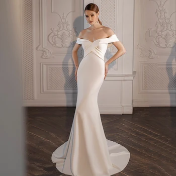 Простое Свадебное платье Русалки 2023 с открытыми плечами, без рукавов, с открытой спиной, со шлейфом, Атласное Свадебное платье Vestido De Novia