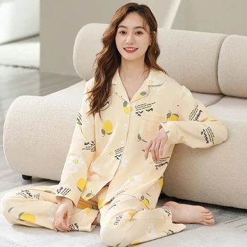 Весенний женский пижамный костюм из двух предметов, хлопковая одежда для отдыха с длинными рукавами и цветами, Пижама для дома, Пижама, повседневная модная пижама