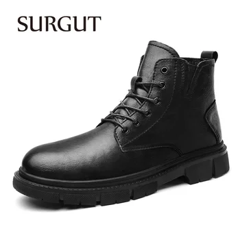 Трендовые мужские ботинки в Сургуте, черные кроссовки, модные уличные удобные зимние ботинки на теплом меху, Повседневные кожаные ботильоны в уличном стиле, мужские ботильоны