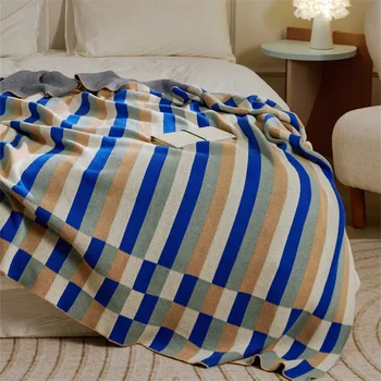 Одеяло в синюю полоску, одеяло для дивана, Геометрическое Вязаное Мягкое Уютное Хлопчатобумажное Одеяло для дивана, Покрывало для кровати, домашний Текстиль, Современный стиль дизайна