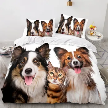 Комплект постельного белья для собак и кошек с рисунком животных, Собаки, Белый Пододеяльник, Двойной король Королева для детей, мальчиков, женщин, девочек, мужчин, Украшения для спальни