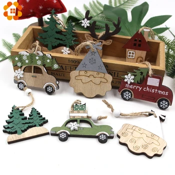 2 шт., Винтажные деревянные подвески с принтом Оленя/Дерева/автомобиля, украшения, поделки из дерева, детский подарок, украшения для Рождественской елки, декор