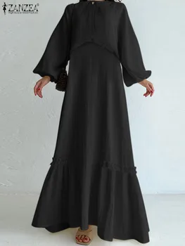 ZANZEA Повседневное Женское платье Макси 2023, Модные Платья на шнуровке с круглым вырезом, сшитые Грибком, Однотонные, с длинными Пышными рукавами, Свободные Длинные Халаты