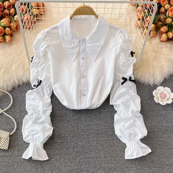 Работа 2023, Осенний Дизайн, Женская Белая рубашка с длинным пышным рукавом и бантом, Модная повседневная офисная блузка в корейском стиле для девочек, топ